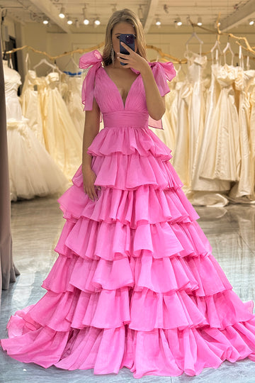 Prinsesse A-Line V-hals Fuchsia Prom kjole med spalt